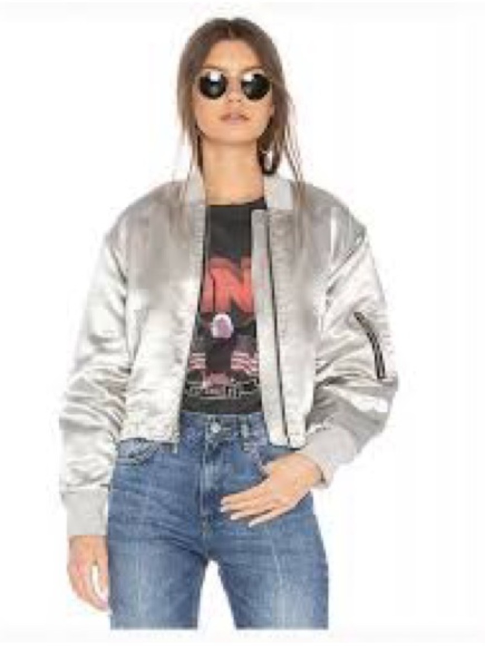 Elizabeth and James Royan Metallic Silver Satin Bomber Jacket Size: Small